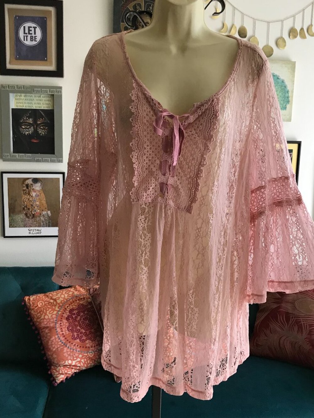 ONE WORLD size 1X Pink Lace Bell Sleeve Romantic Fairycore Y2k Grunge Tunic